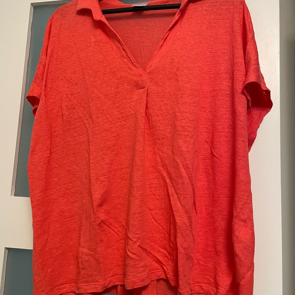 Chico's Coral Linen Relaxed Polo Blouse with Cuffed Sleeves